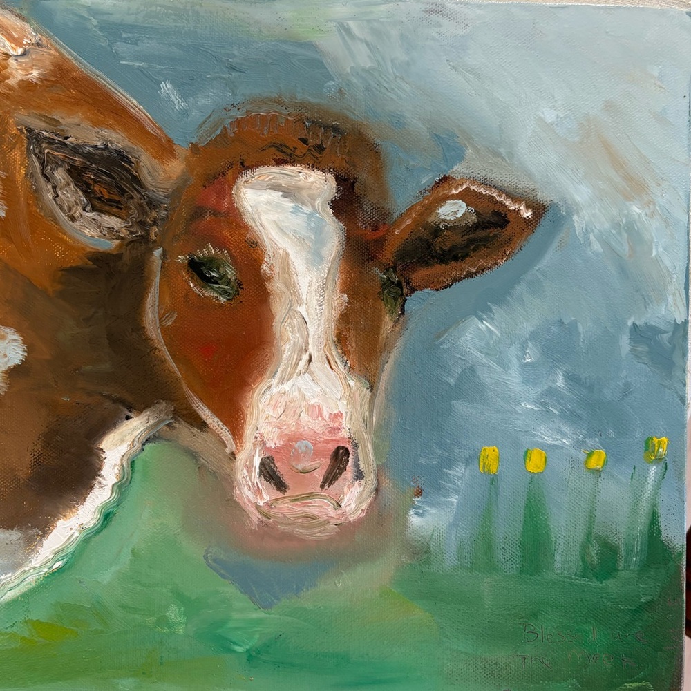 Hand-Painted Cow Canvas Art – Brown & White Home Accent Butter Mom Cottage Core